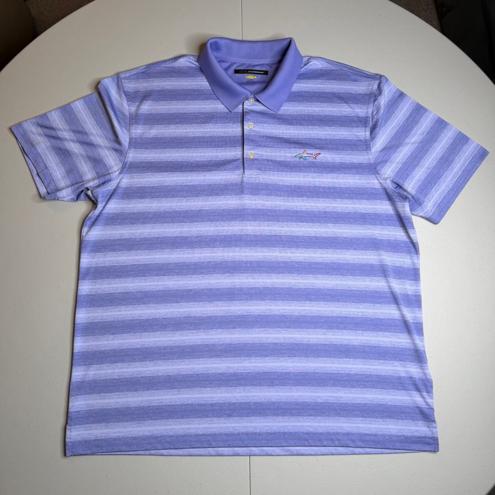 Greg Norman Play Dry Mens XL Purple Striped Golf Polo Shirt Short Sleeve Shark